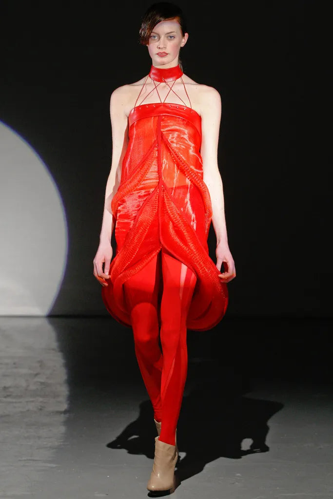 Resonance Sheer Red Dress – threeASFOUR Resonance Sheer Red Dress – threeASFOUR
